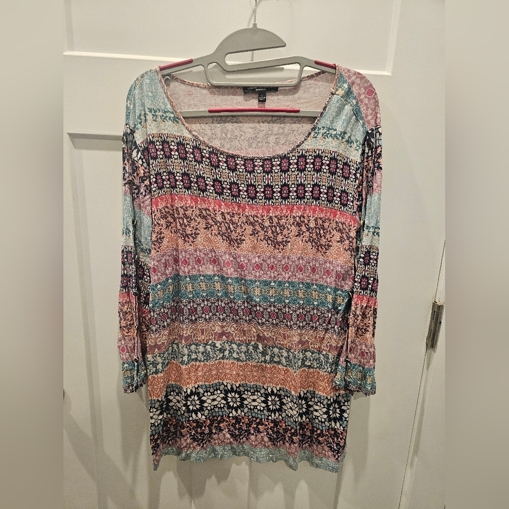 Cable & Gauge Woman 1X Boho Patchwork Tunic Top Multicolor 3/4 Sleeve Stretch Kn